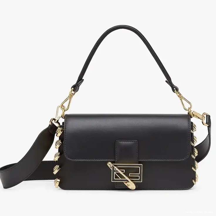 Leather Baguette Calf Fendi Pin Bag with Fendace Brooches Medium In Black 0503
